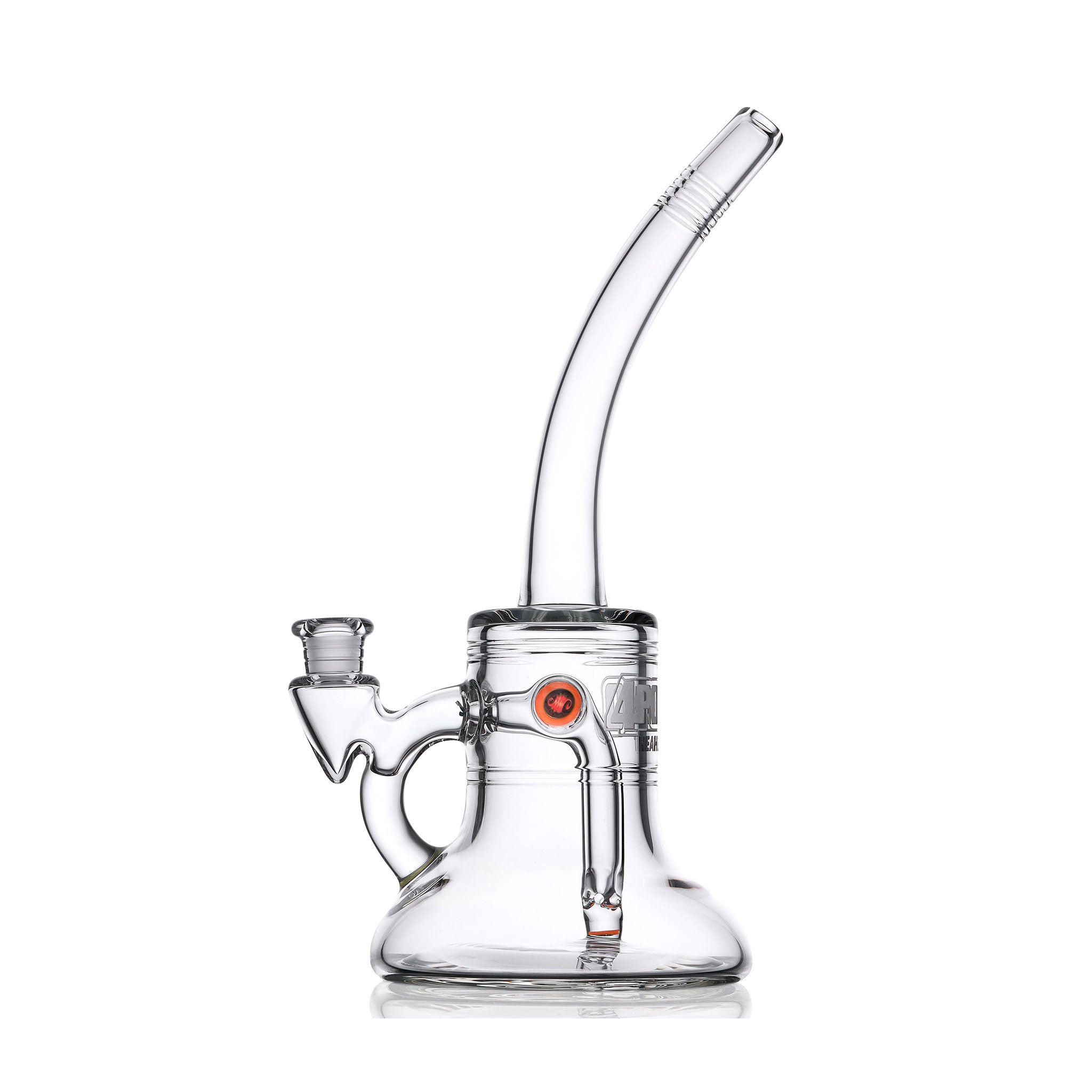 Clear borosilicate glass rig with bent neck and flared base
