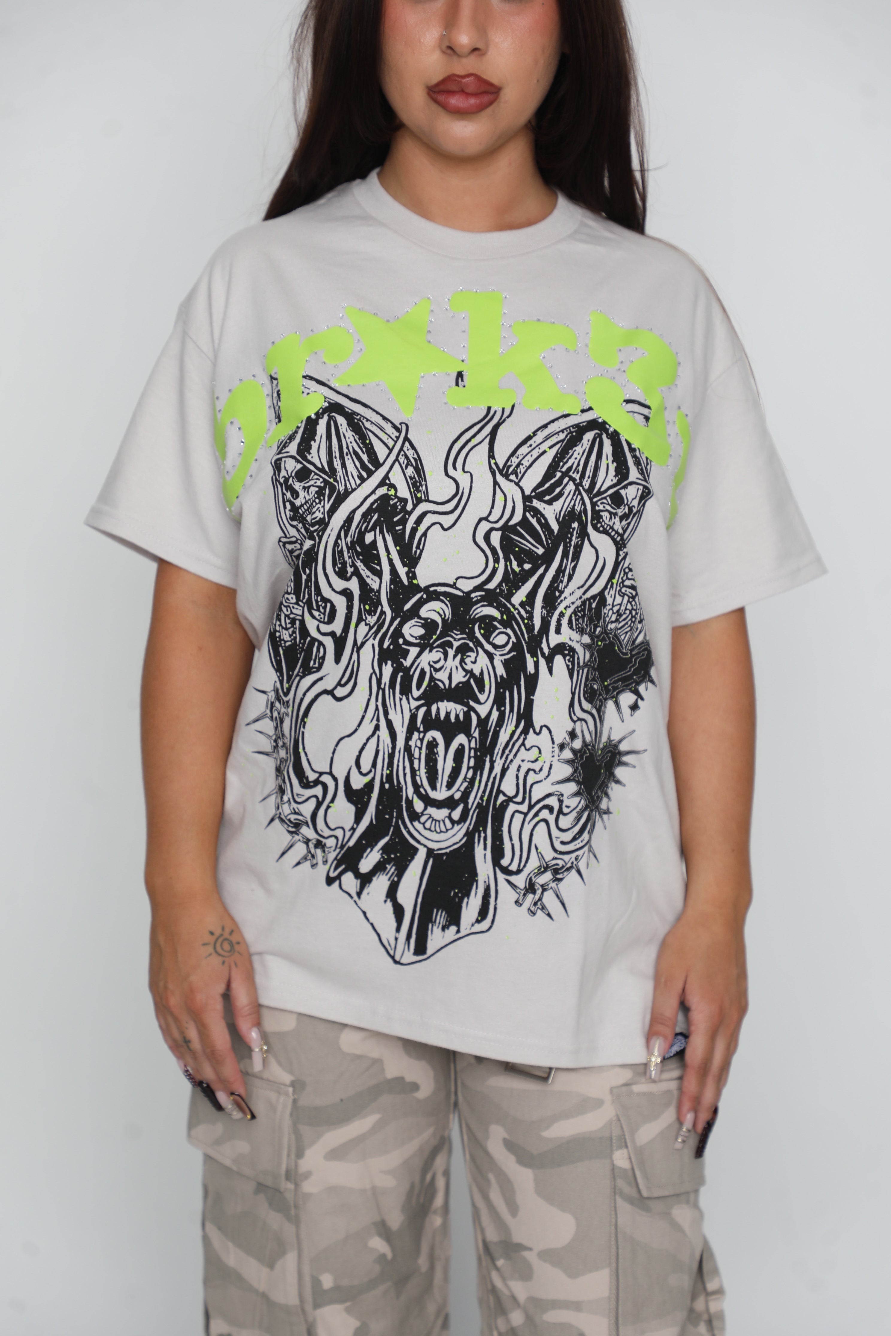 Beware Rhinestone Tee Grey
