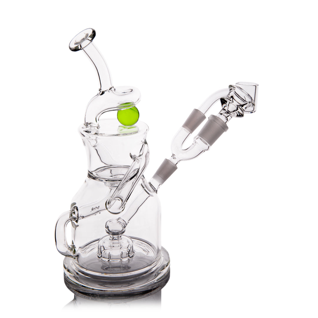 Artistic glass recycler dab rig with unique UFO-inspired design