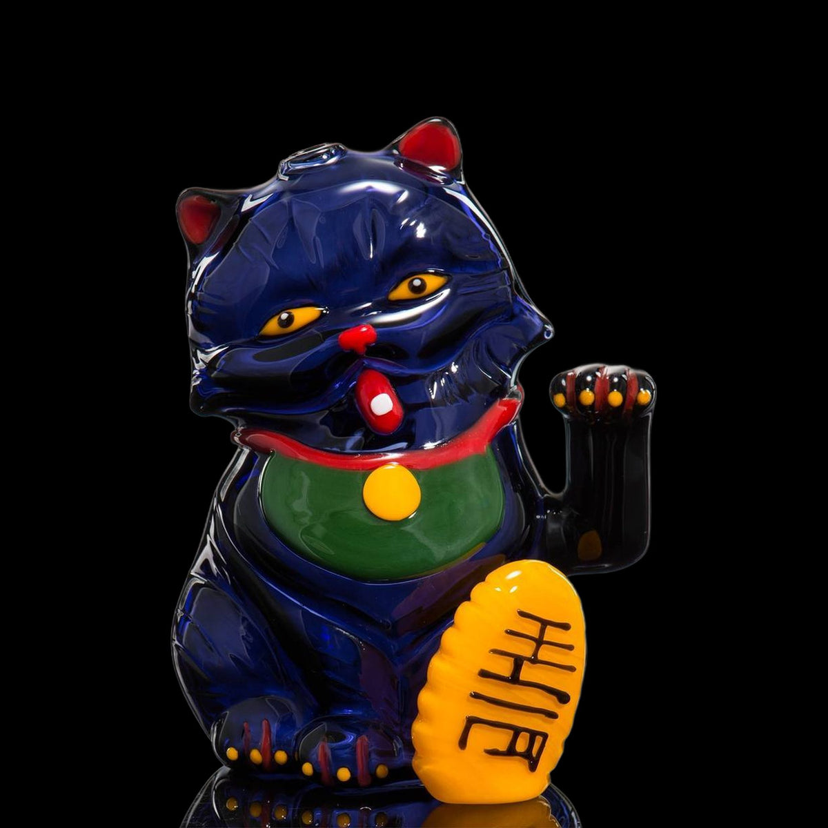 Lucky-Lazercat by Joe P x Coyle, a cobalt glass lucky cat with a raised paw and gold coin