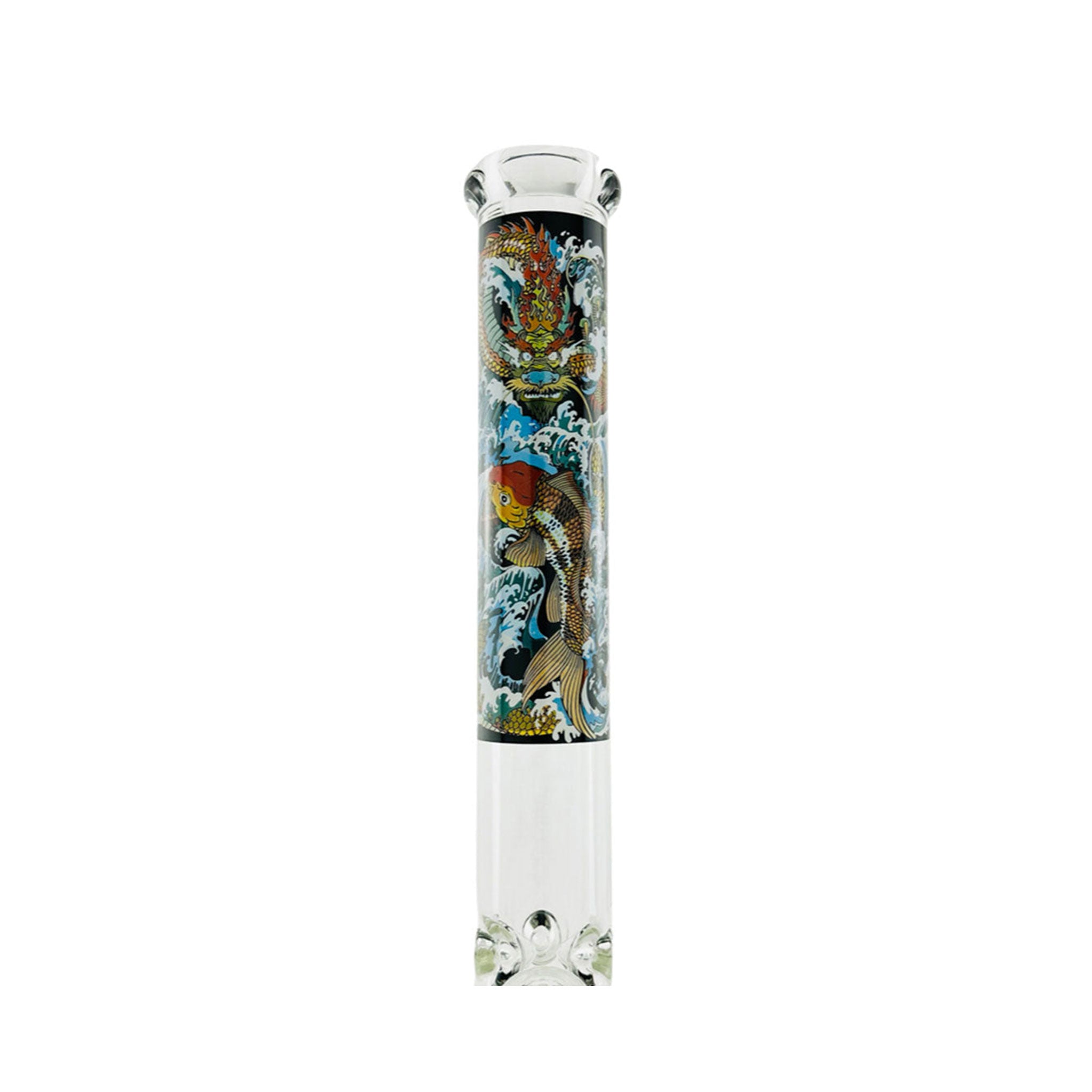 Durable clear glass piece featuring koi dragon label and flared base