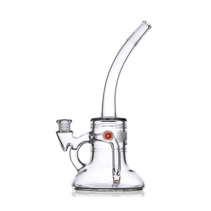 Clear borosilicate glass rig with bent neck and flared base