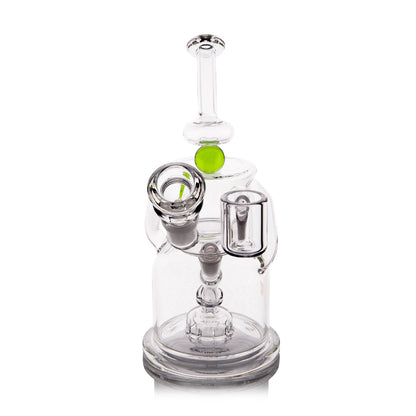 Clear borosilicate recycler rig with puck perc and double uptake design