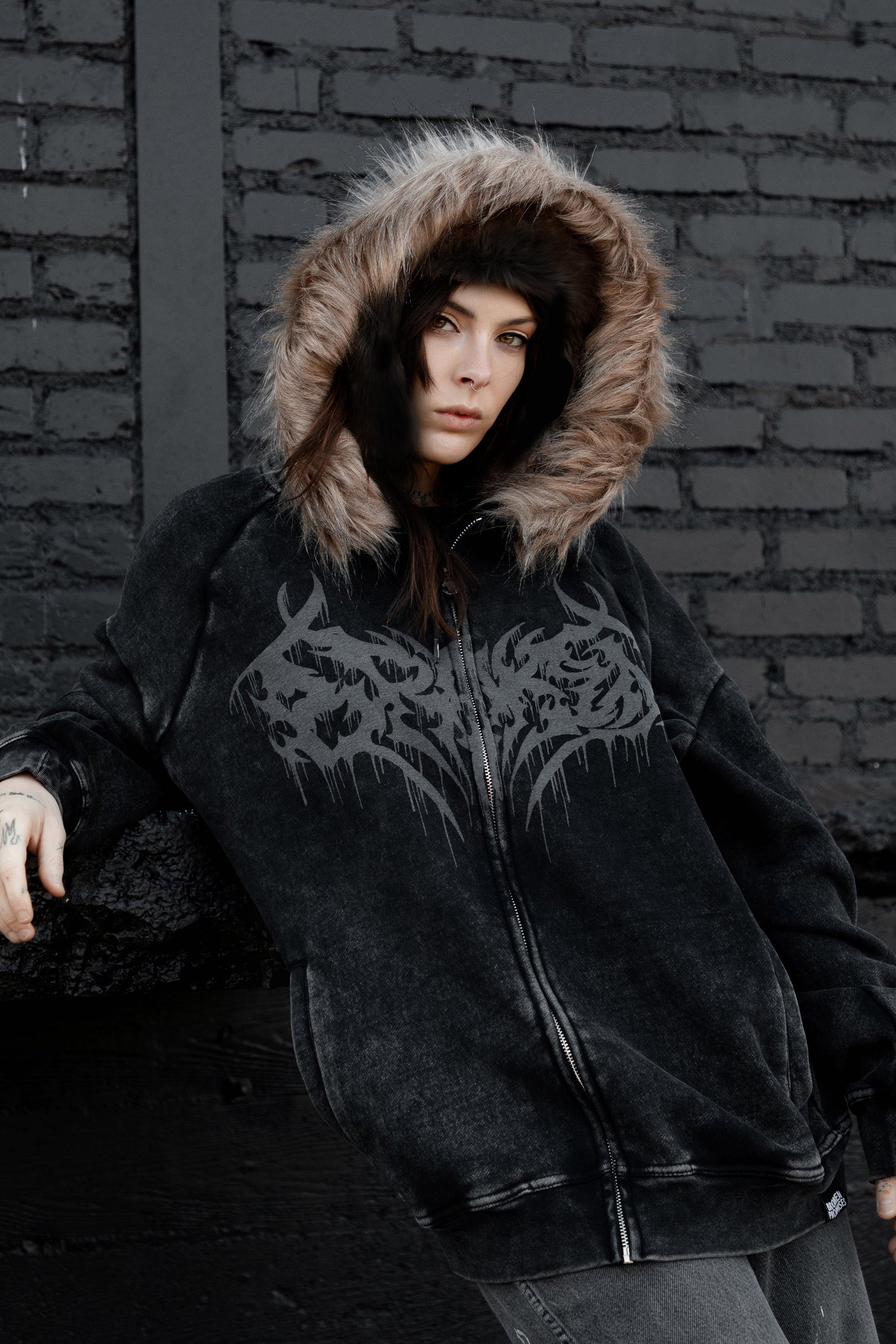 Unruly Fur Trim Washed Hoodie