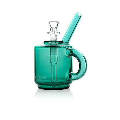 Compact glass bubbler shaped like a coffee mug 