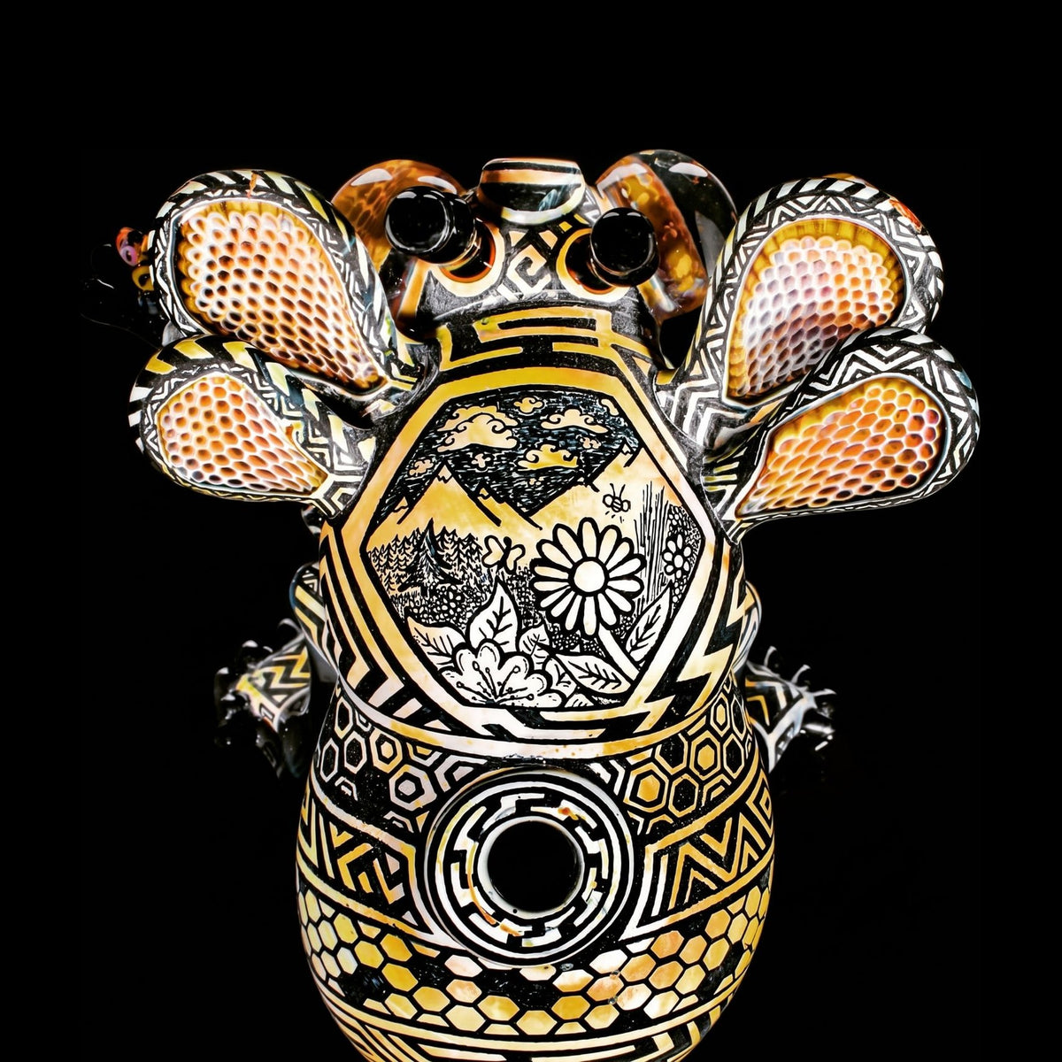 Joe P x Artiststylie Bee Boy, back view with honeycomb wings and mountain and wildflower scene