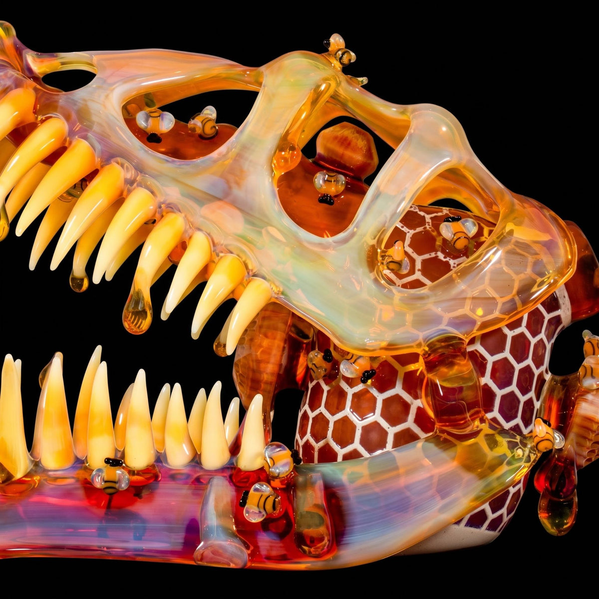 Honey Allosaurus by Joe P x Buck Glass, close-up of the teeth and glass bees