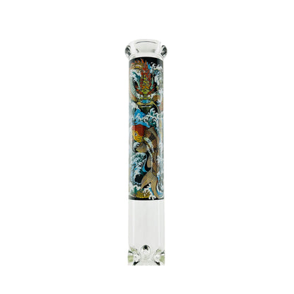Durable clear glass piece featuring koi dragon label and flared base