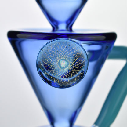 Blue glass recycler bong with bent neck and dichroic marble accent