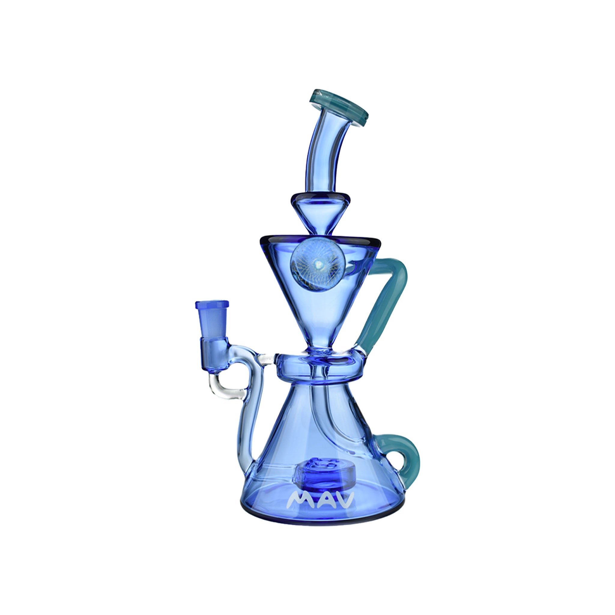 MAV Glass hourglass recycler dab rig with 4-hole puck perc and vortex drain
