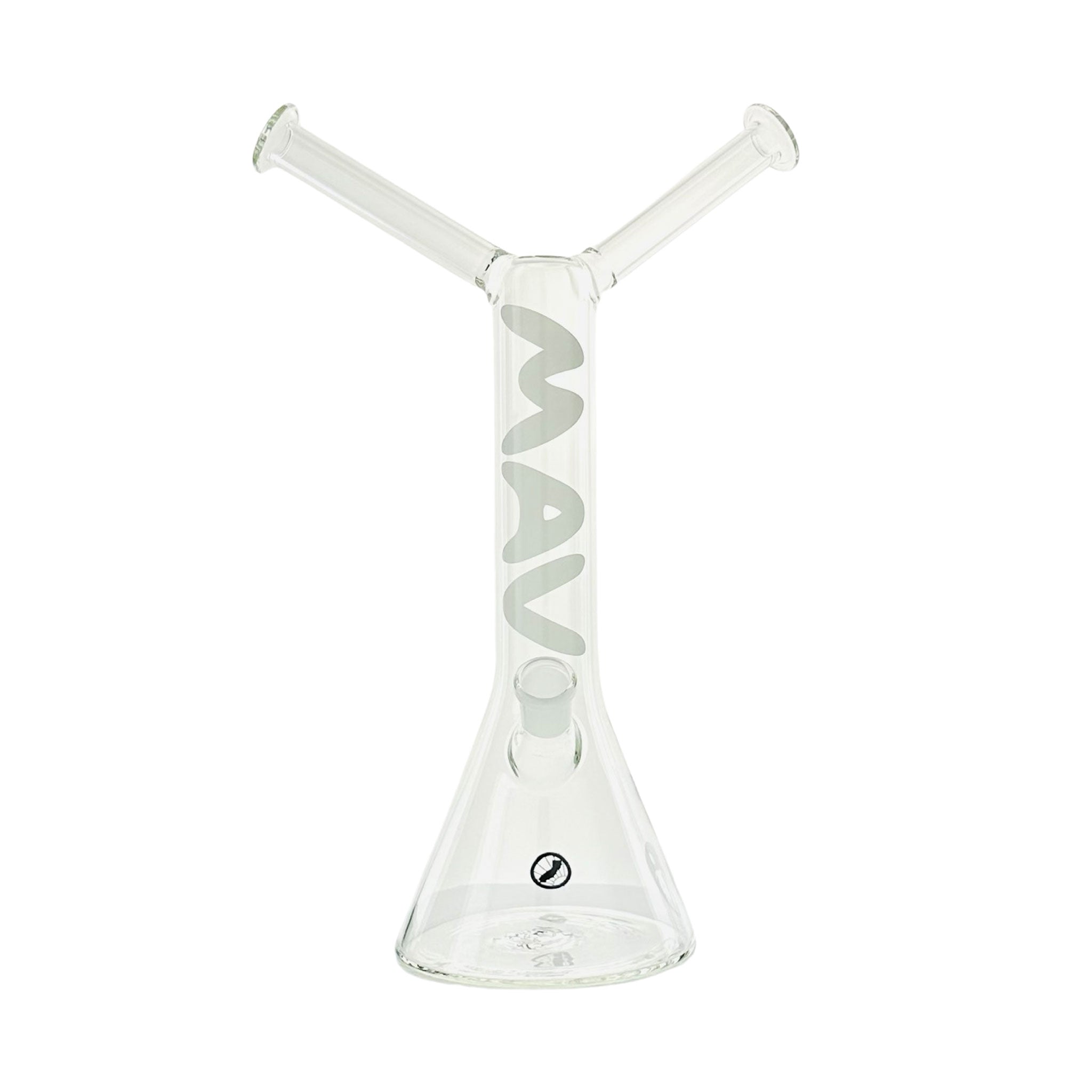 Clear dual neck glass piece with wide beaker base 