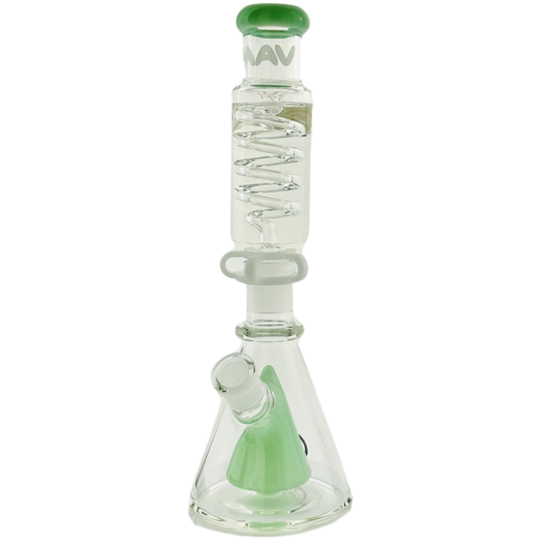 Clear glass bong with green accents on a white background